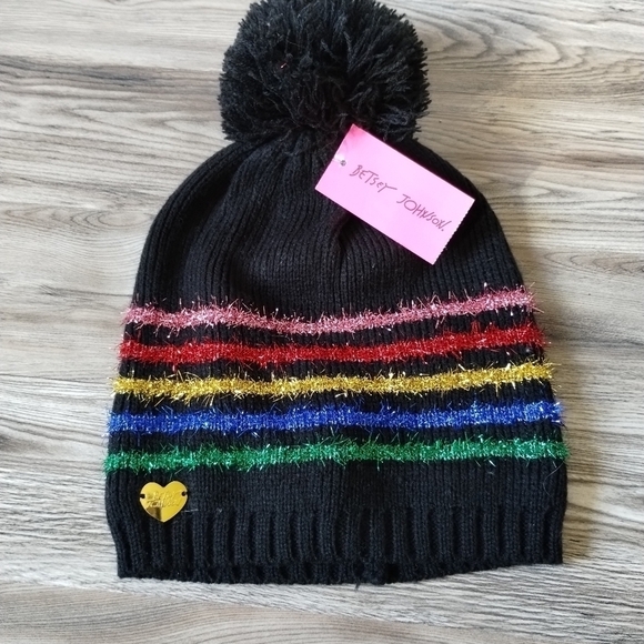 Betsey Johnson Rainbow Stripe Beanie with Pom - Picture 3 of 5